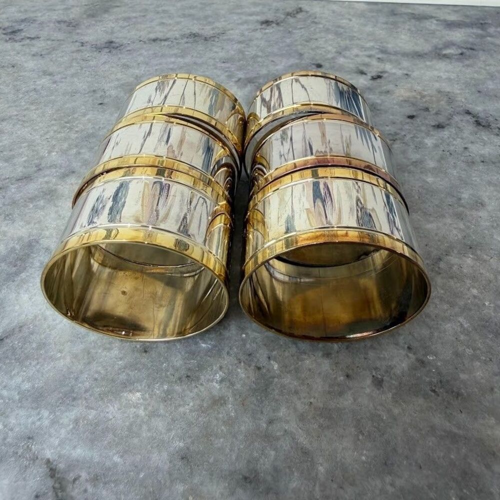 Set of 6 Vintage Brass & Silver Two Tone Metal Napkin Rings, Hollywood Regency